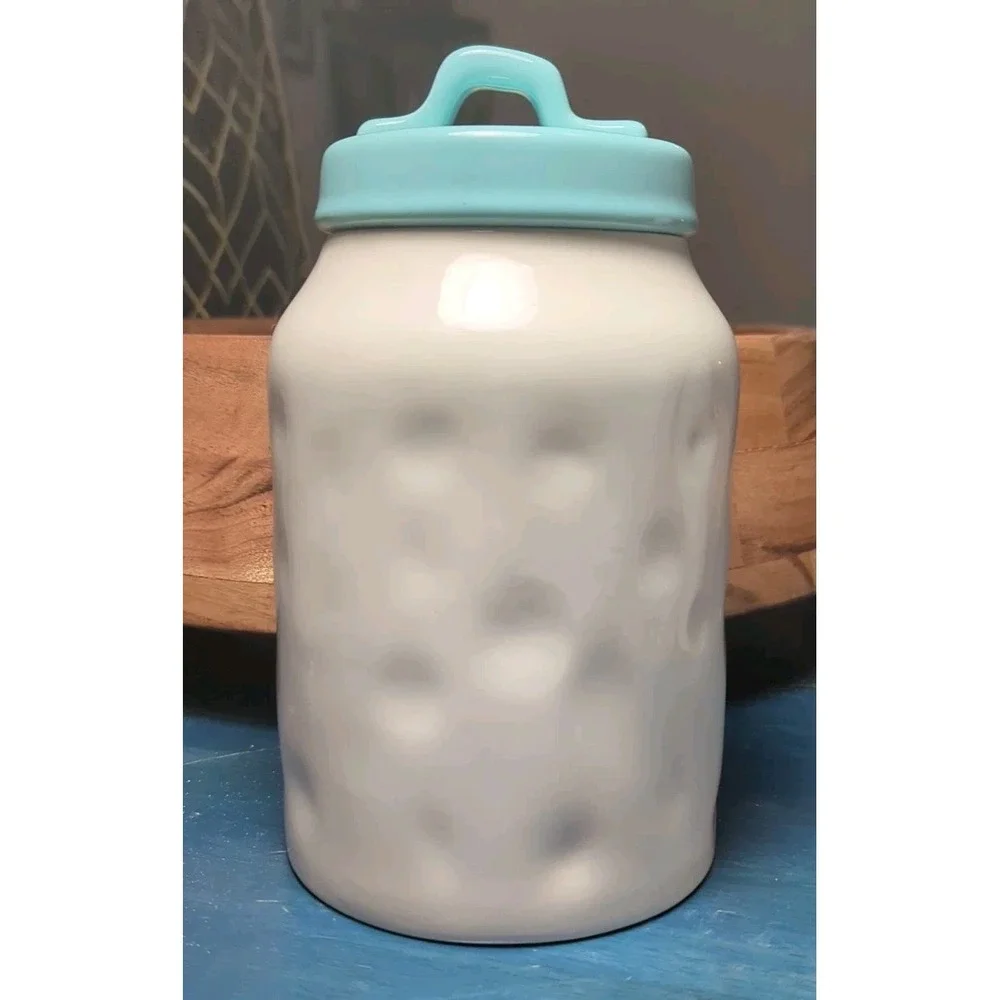 Rae Dunn Sugar Canister Jar w Blue Lid Typewriter Font Artisan‎ Collection 8in